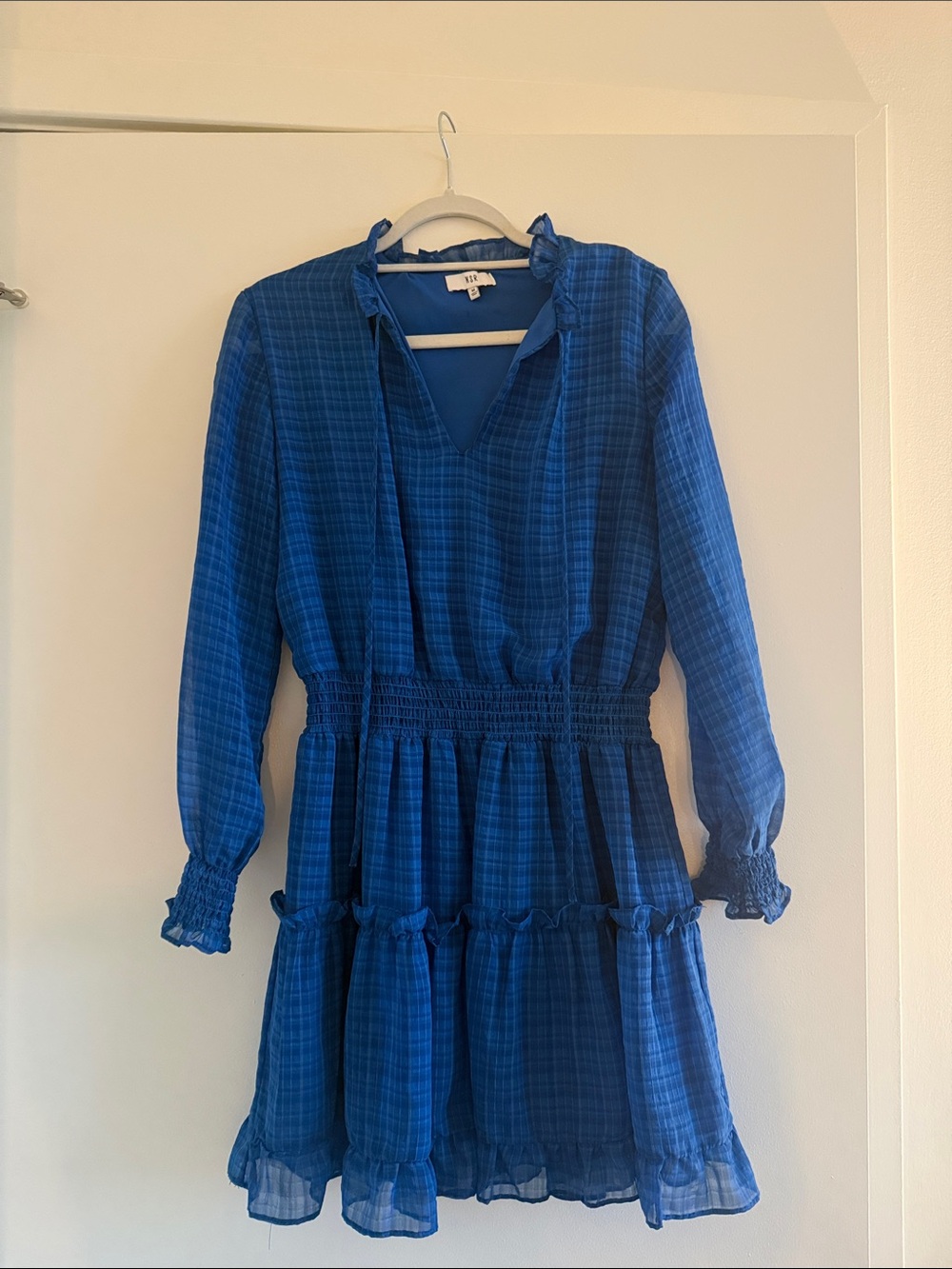 Smocked Waist Blue Plaid Long Sleeve Tiered Dress